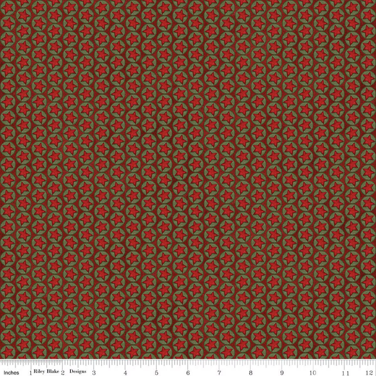 Patterned fabric with red and green design on a brown background