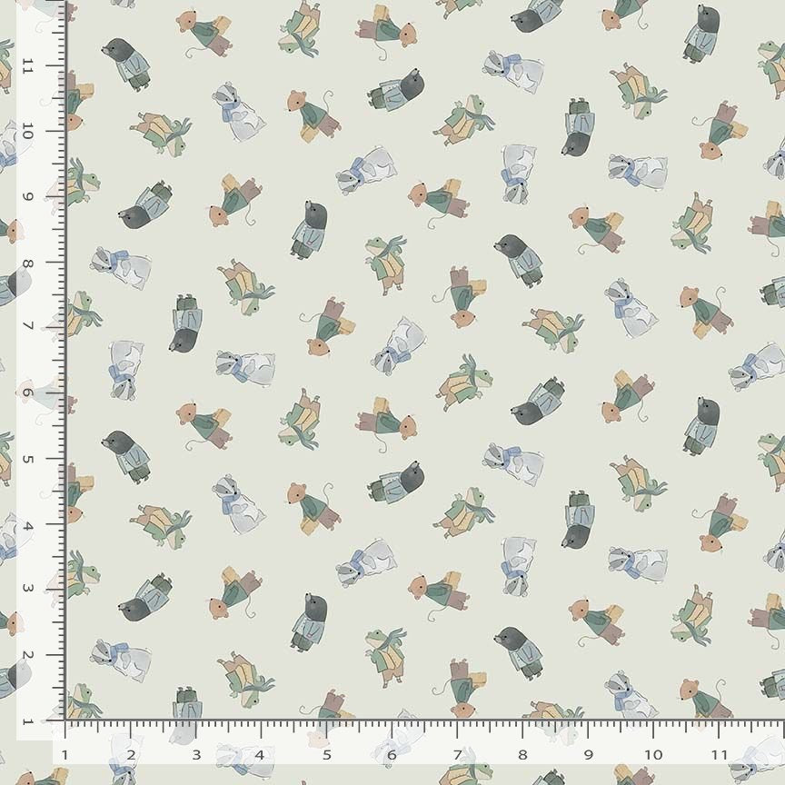 Patterned fabric with small figures and a ruler on the side for sewing and quilting
