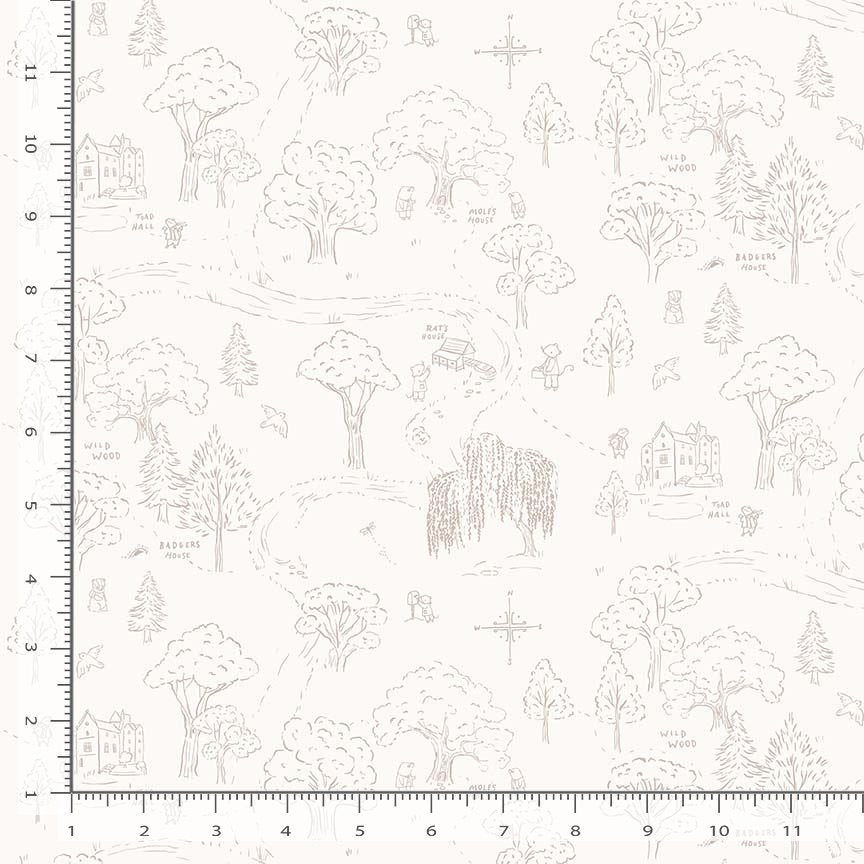 Patterned fabric with trees and houses on a white background, measured against a ruler.
