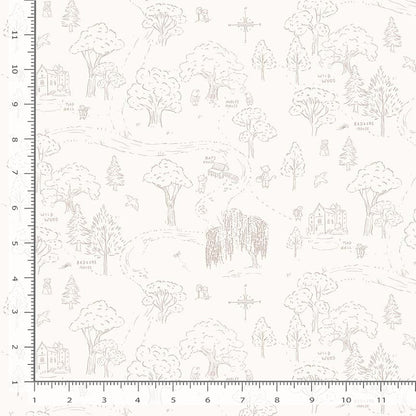 Patterned fabric with trees and houses on a white background, measured against a ruler.