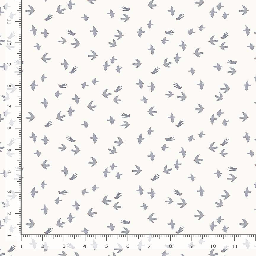 Pattern of small birds and their footprints on a white background with a ruler for scale.