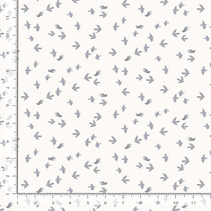 Pattern of small birds and their footprints on a white background with a ruler for scale.