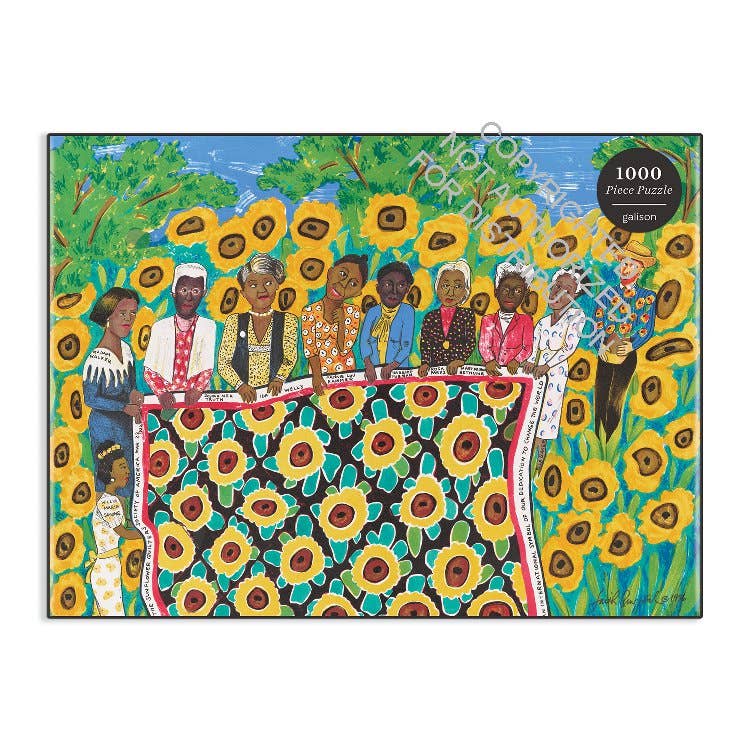 A 1000-piece jigsaw puzzle featuring a colorful painting of people gathered in a sunflower field, with the brand name galton visible on a black circular badge in the top right corner.