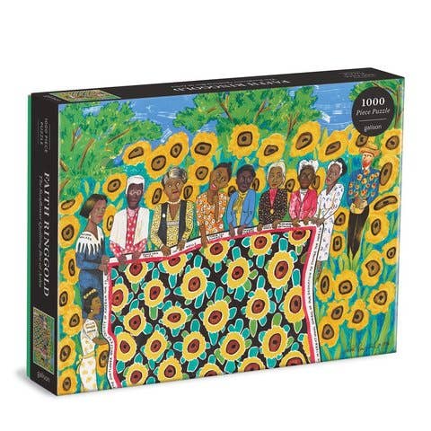 Jigsaw puzzle box with artwork of people and sunflowers on a colorful background