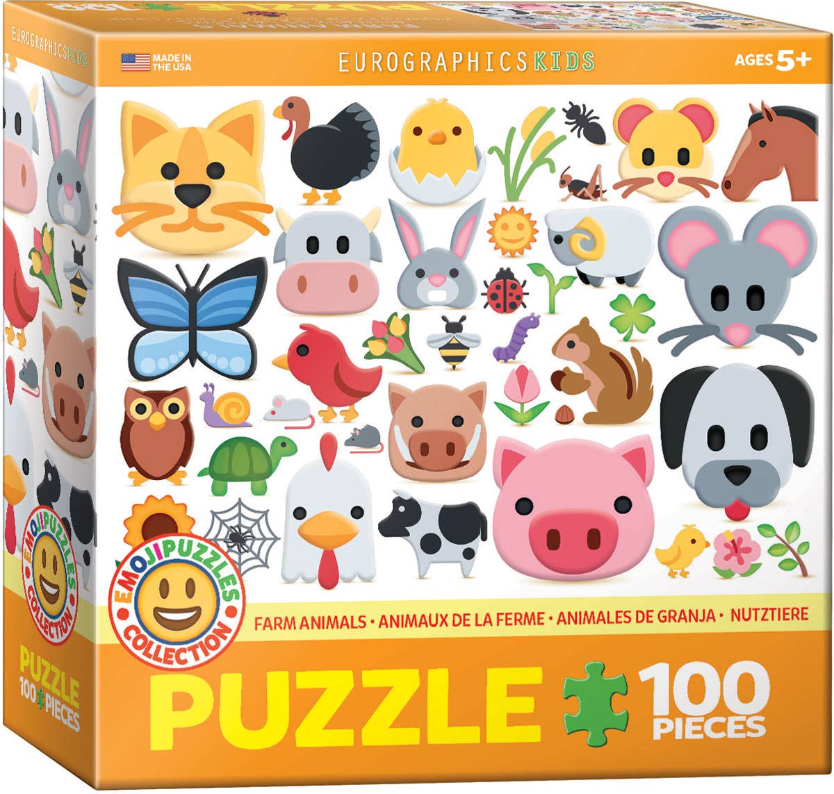 Children's puzzle box with farm animals illustrations on a white background