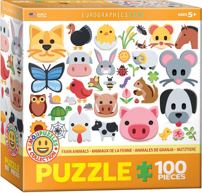 Children's puzzle box with farm animals illustrations on a white background