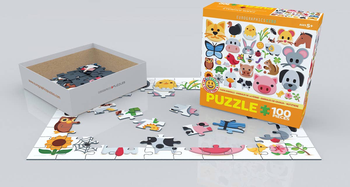 Children's puzzle with animal-themed pieces and packaging on a light gray background