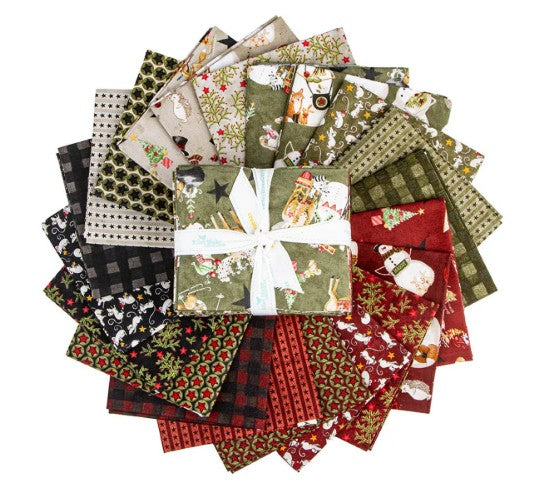 Collection of festive fabric squares in various patterns on a white background. Fat quarter bundle from Riley Blake