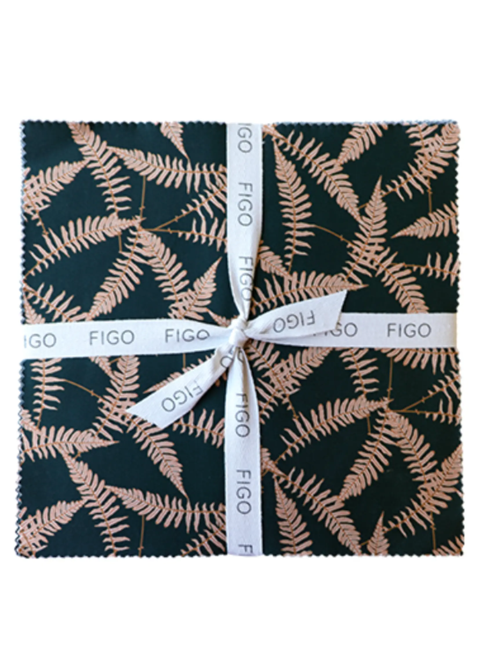 Pack of fabric with fern pattern and 'Figo' branding on a white background