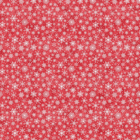 a red flannel fabric with a snowflake illustrations. from FIGO Fabrics line Little Donkey's Christmas. 100% Cotton for quilting and crafting