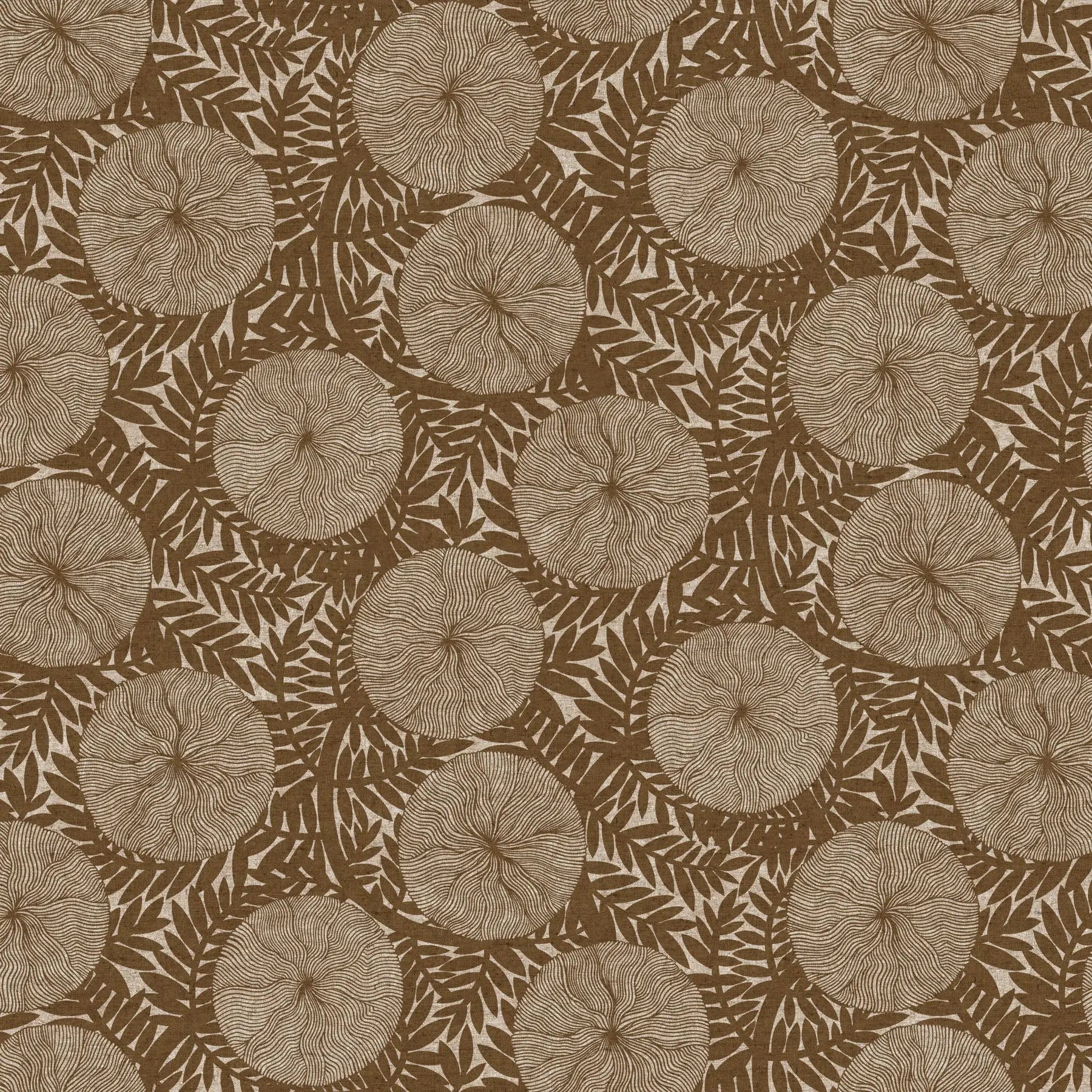 Pattern of circular shapes and leaves on a brown background. Linen cotton blend fabric material for sewing. 