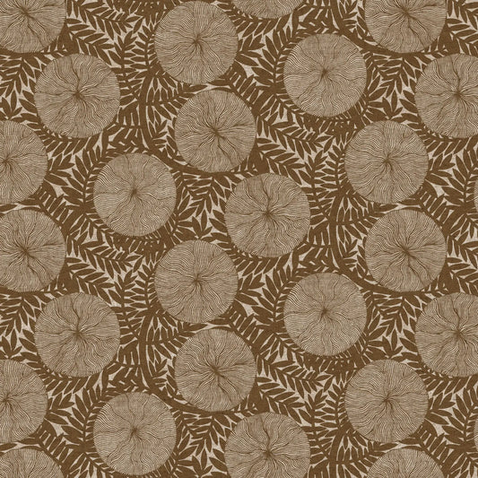 Pattern of circular shapes and leaves on a brown background. Linen cotton blend fabric material for sewing. 