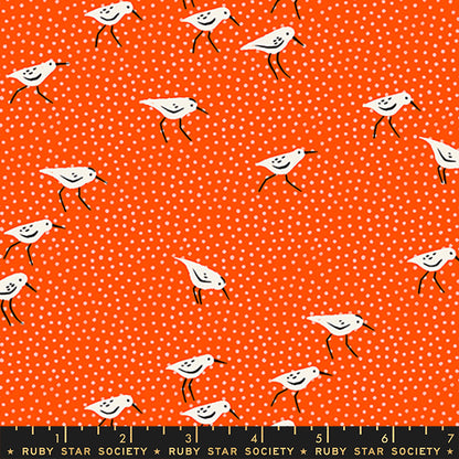 A repeating fabric pattern featuring white sandpipers with black legs and beaks on a bright orange background with small white polka dots. A black ruler at the bottom shows the Ruby Star Society brand and indicates the scale of the pattern.