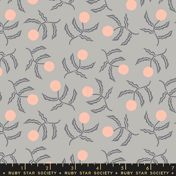 A repeating fabric pattern featuring dusty pink circles and gray wavy leaves on a light gray background, with a black ruler strip at the bottom labeled Ruby Star Society.