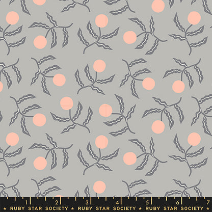 A repeating fabric pattern featuring dusty pink circles and gray wavy leaves on a light gray background, with a black ruler strip at the bottom labeled Ruby Star Society.