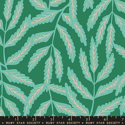 A repeating botanical pattern of stylized leaves in mint green and pale peach on a deep teal-green background, with a black ruler strip along the bottom edge labeled Ruby Star Society.