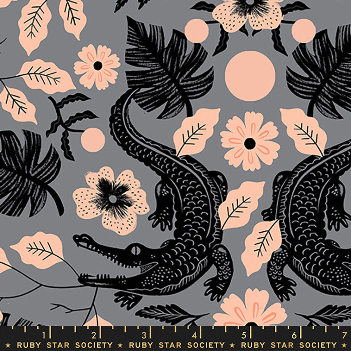 A repeating fabric pattern featuring black alligators, pink hibiscus flowers, and botanical leaves on a medium gray background, with a ruler strip at the bottom reading Ruby Star Society.