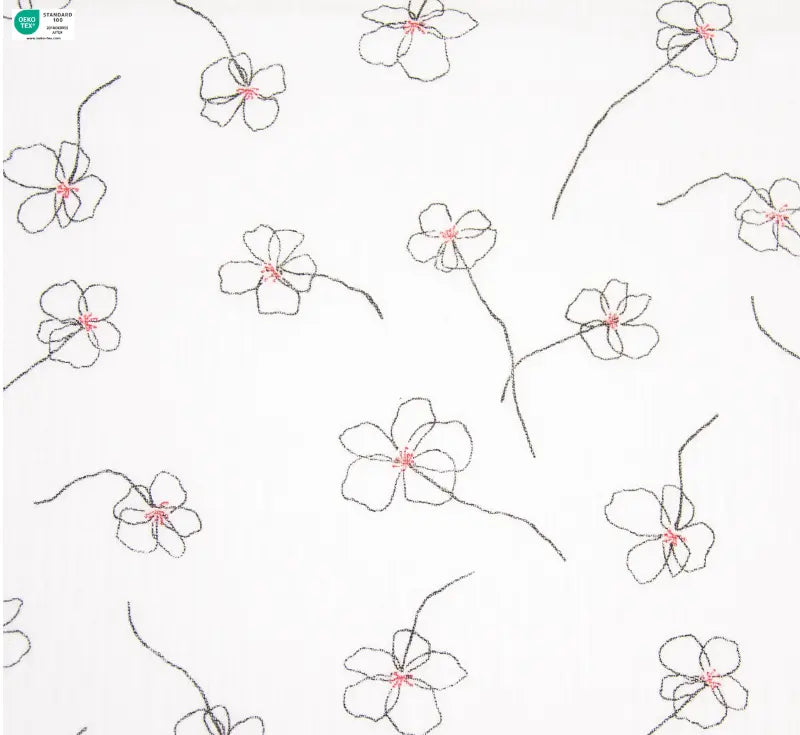 Pattern of stylized flowers with pink centers on a white background mousseline cotton fabric for sewing 