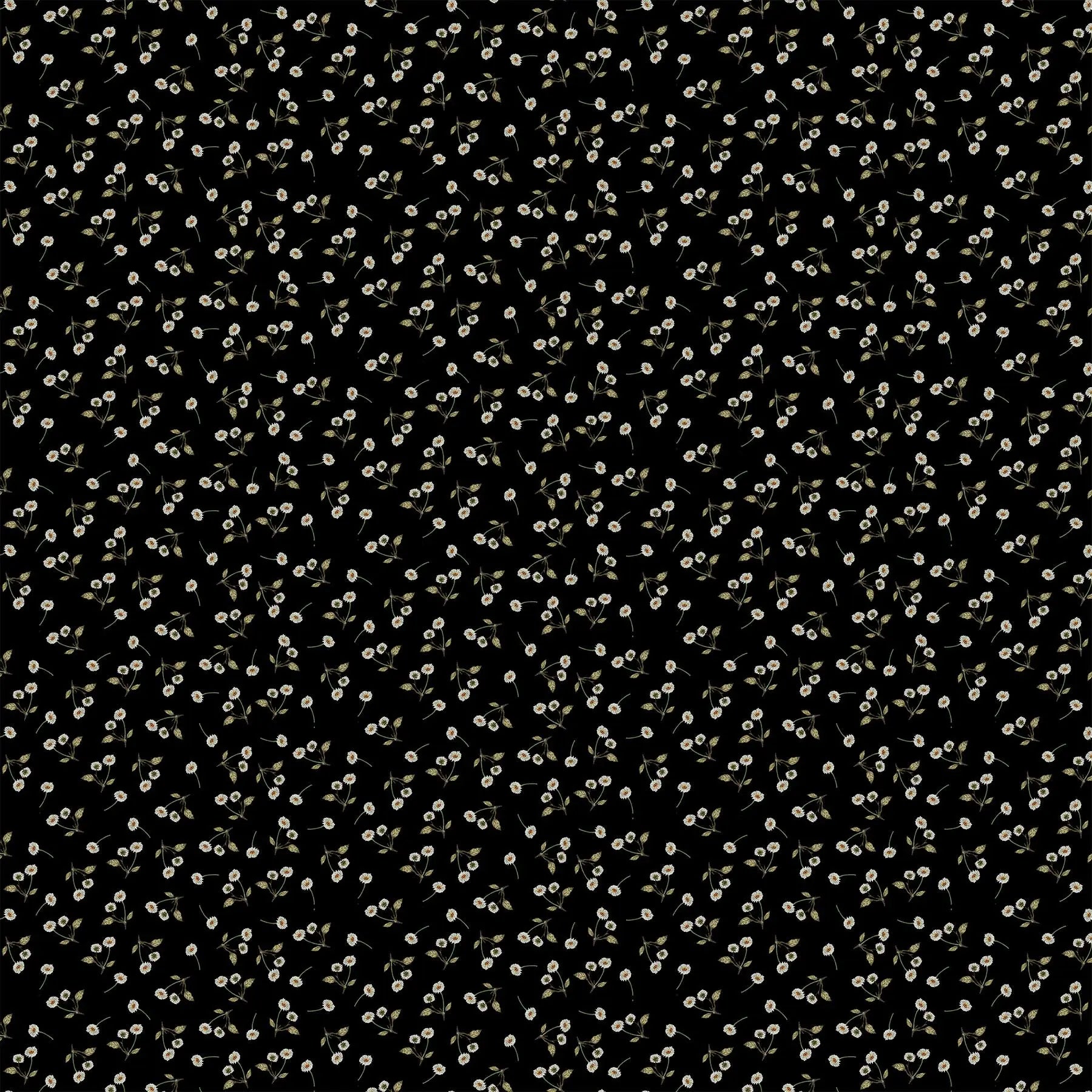 black colored fabric with small white flower illustrations.  typically used for quilting and crafting. from Country Side Comforts from FIGO Fabrics 