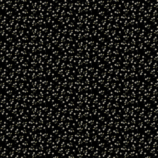black colored fabric with small white flower illustrations.  typically used for quilting and crafting. from Country Side Comforts from FIGO Fabrics 