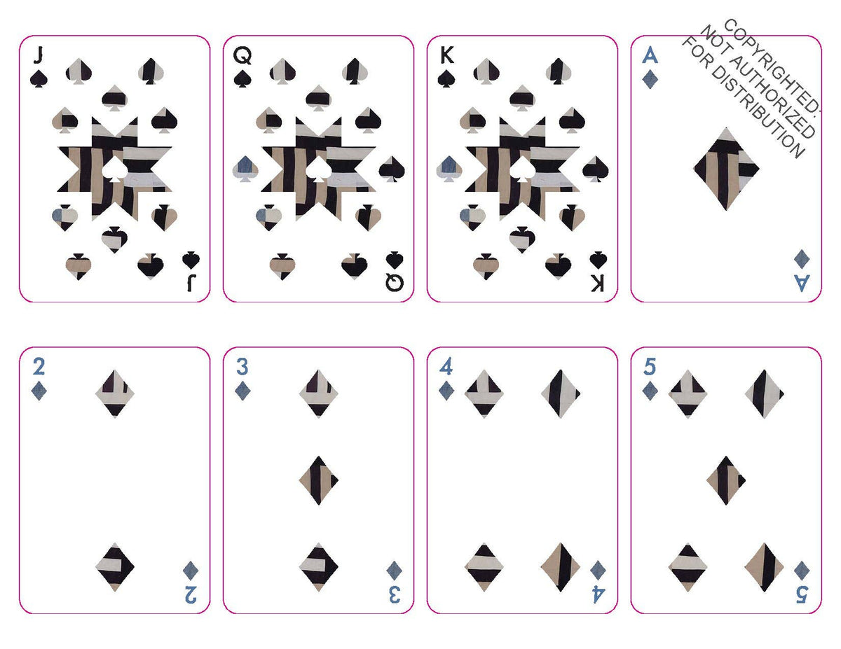Eight playing cards arranged in two rows on a white background, featuring a modern geometric design with black, gray, and beige shapes. The cards include J, Q, K, A, 2, 3, 4, and 5 of spades.