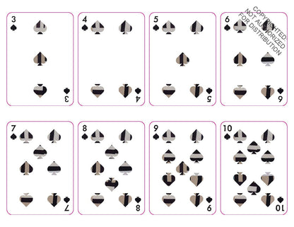 Eight face-down playing cards arranged in two rows on a white background, each card showing a different black spade count from 3 to 10. A diagonal copyright watermark is visible across the top card.