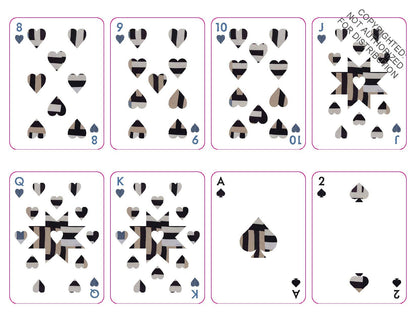 Eight face-up playing cards arranged in two rows on a white background: 8 of hearts, 9 of hearts, 10 of hearts, Jack of hearts, Queen of hearts, King of hearts, Ace of hearts, and 2 of hearts. Each card uses a black, gray, and white striped spade motif with blue suit markers in the corners.