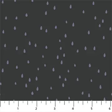 Pattern of small raindrop shapes on a dark gray background with a fabric swatch at the bottom. 100% cotton quilting material