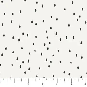 Black raindrop pattern on a white background. 100% cotton quilting material