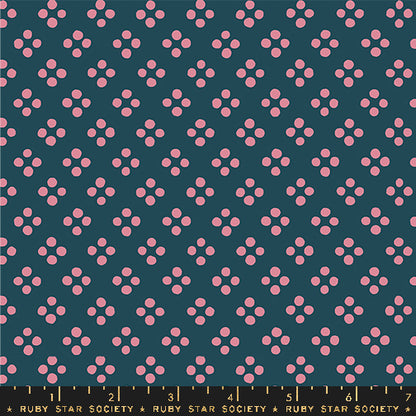 A repeating fabric pattern featuring small pink dots arranged in small clusters on a dark teal background, with a Ruby Star Society ruler along the bottom edge for scale.