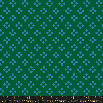 A repeating fabric pattern featuring small blue flower-like clusters on a dark green background, with a black ruler strip at the bottom labeled Ruby Star Society.