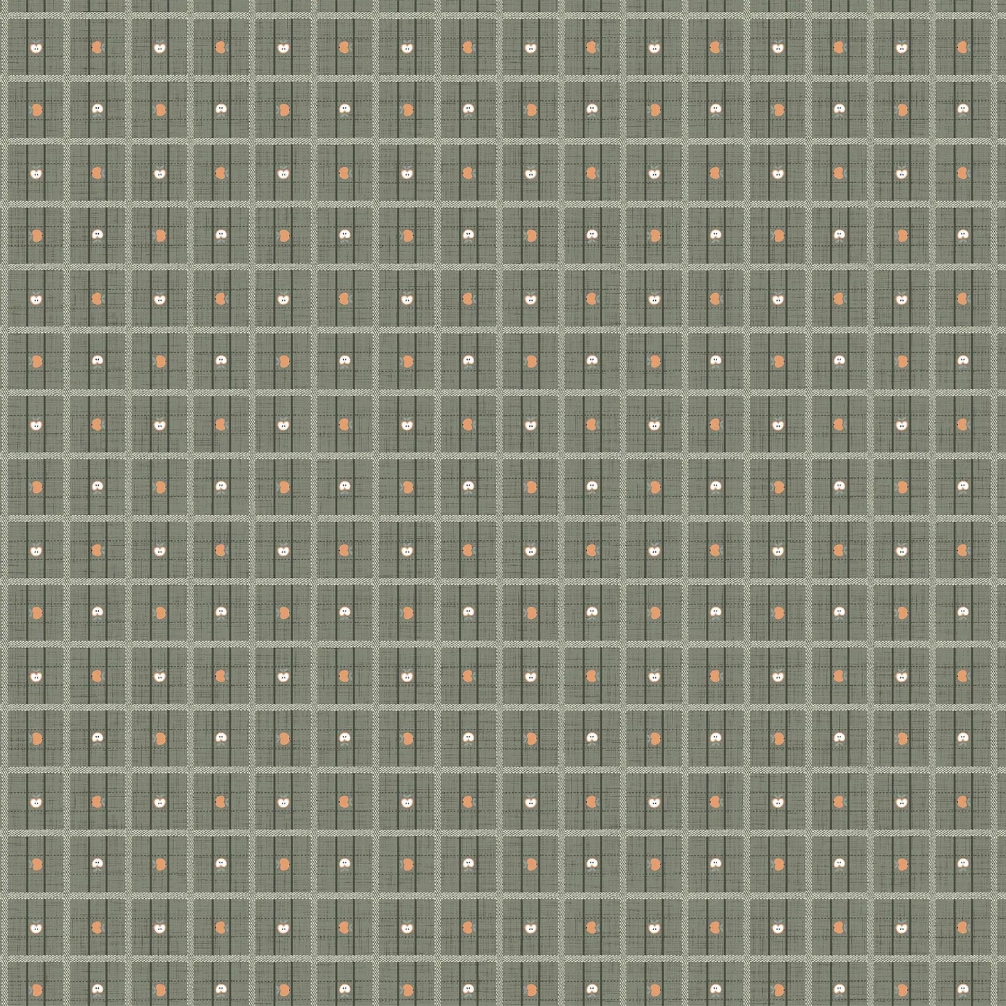 Fabric with a sage green background with square and small apple illustration design. from Klara FIGO Fabrics fat quarter bundle Bernadett Urbanovics 