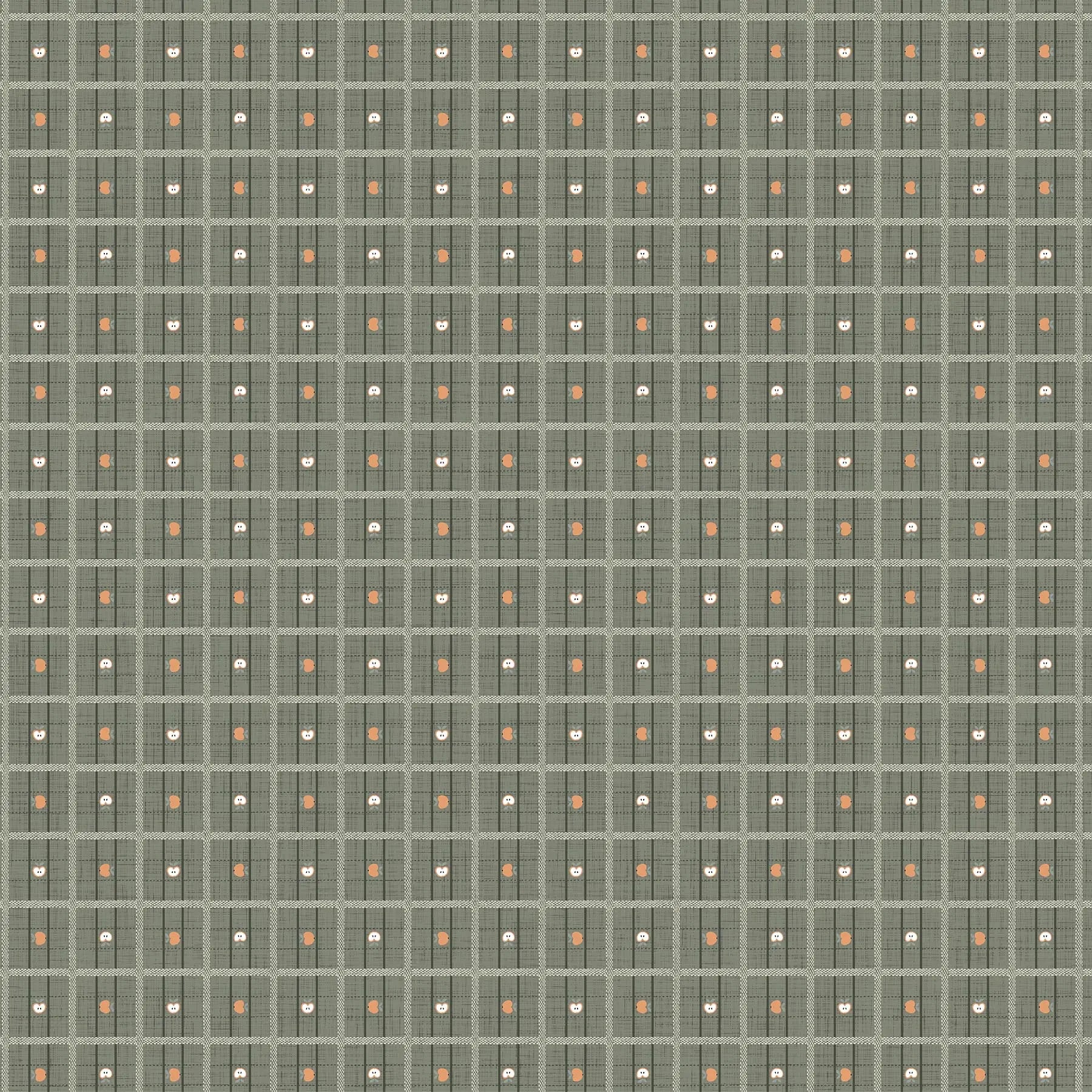 Fabric with a sage green background with square and small apple illustration design. from Klara FIGO Fabrics fat quarter bundle Bernadett Urbanovics 