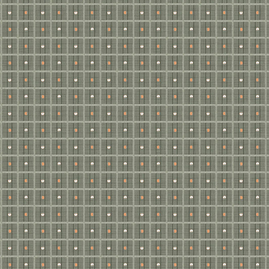 Fabric with a sage green background with square and small apple illustration design. from Klara FIGO Fabrics fat quarter bundle Bernadett Urbanovics 