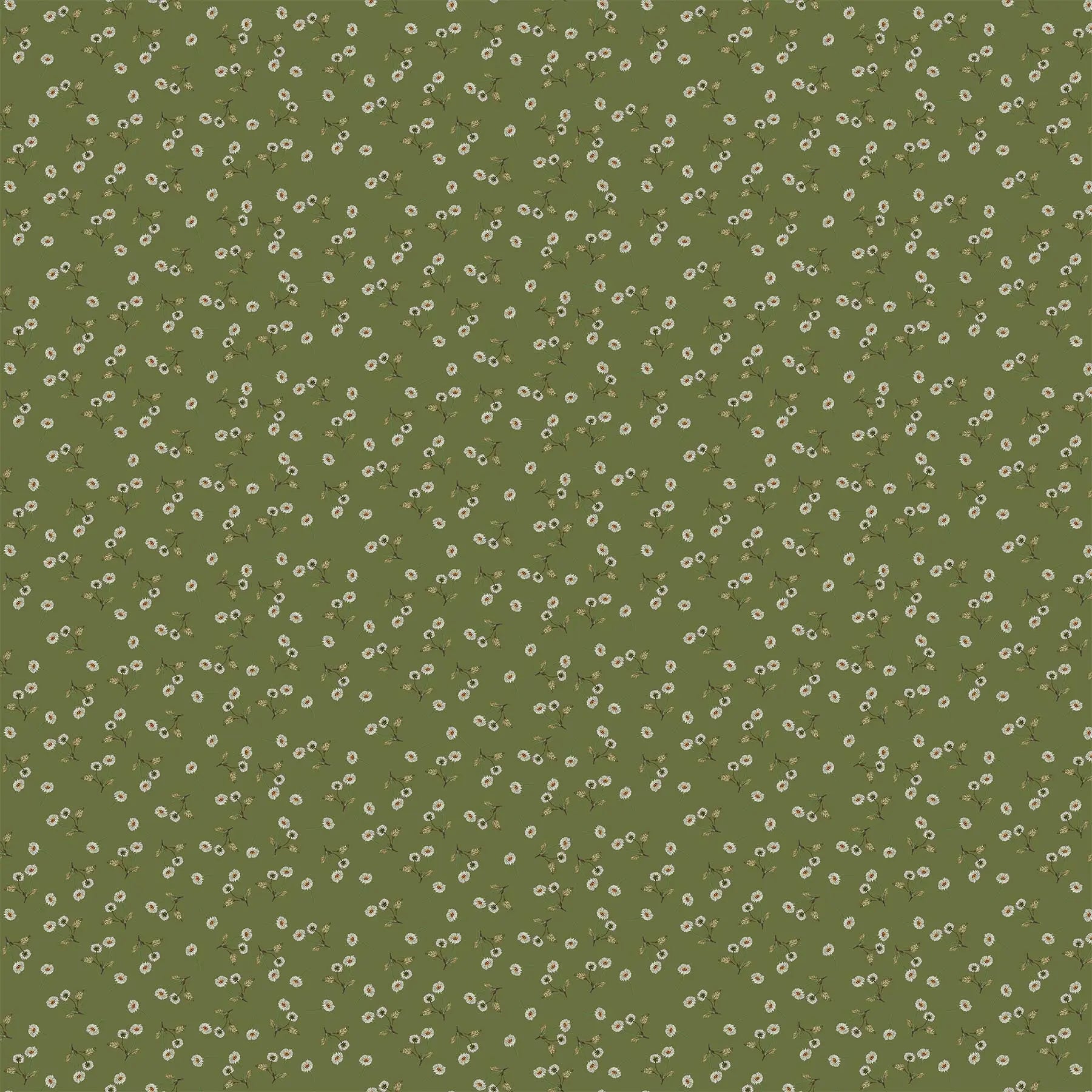 green colored fabric with small white flower illustrations.  typically used for quilting and crafting. from Country Side Comforts from FIGO Fabrics 