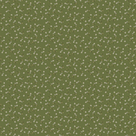 green colored fabric with small white flower illustrations.  typically used for quilting and crafting. from Country Side Comforts from FIGO Fabrics 