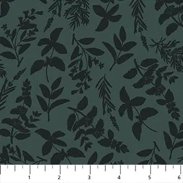 medium green background fabric with outline of dark green leaves. Matches the panel "green world"