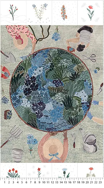 A textile panel featuring an intricate green and blue floral and natural pattern with various elements like a hat, scissors, and a globe, indicating a theme of crafting and creativity.