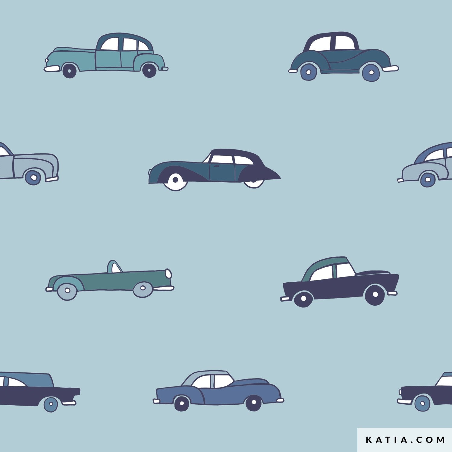 Fabric showing a pattern of vintage cars on a light blue background with 'KATIA.COM' branding.