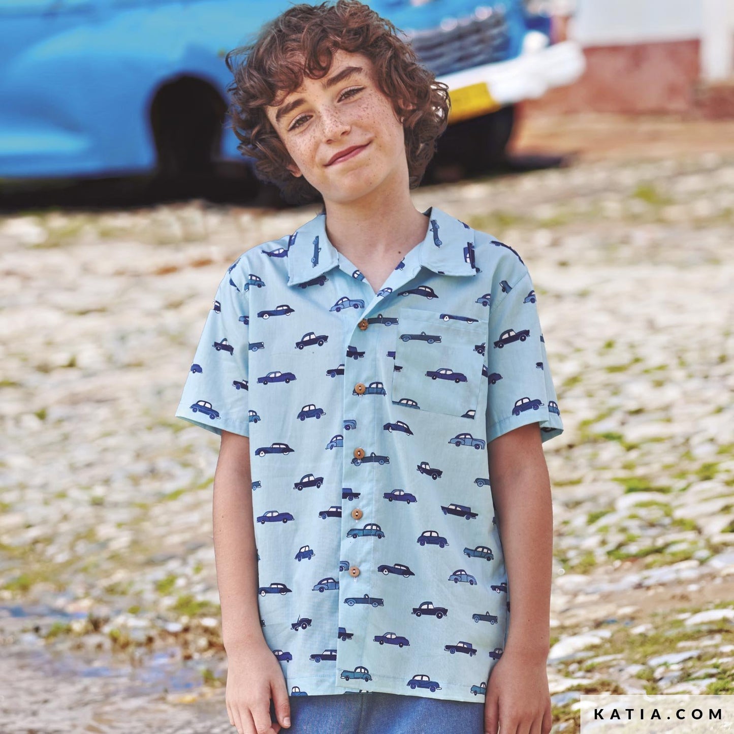 boy wearing shift of poplin with vintage car designs