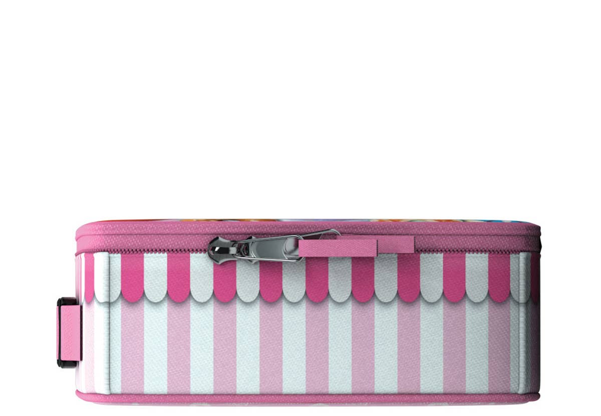 Pink and white striped lunch bag with a zipper on a white background