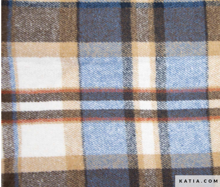 A close-up of a plaid fabric pattern with blue, beige, brown, white, and thin orange stripes, showing a soft woven texture. A small 'KATIA.