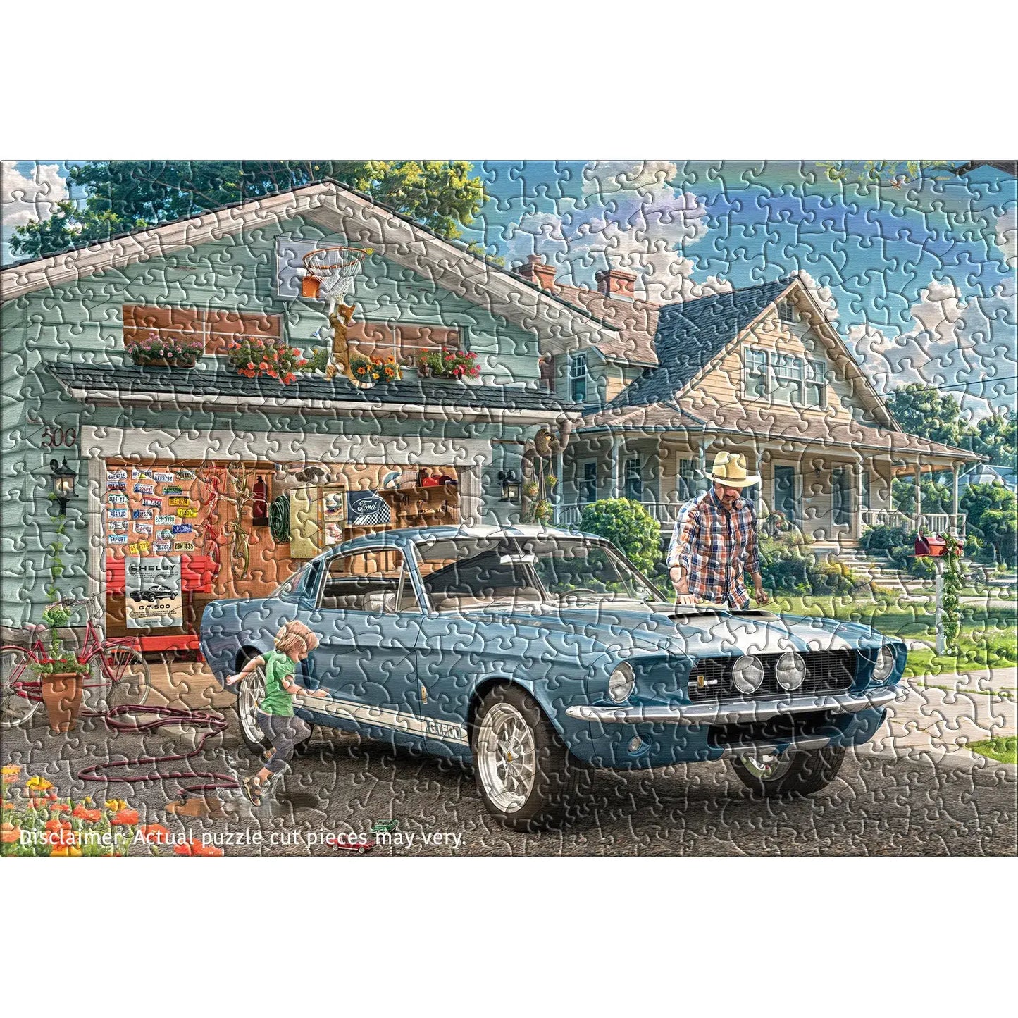 Jigsaw puzzle with a blue car and people in front of a house.