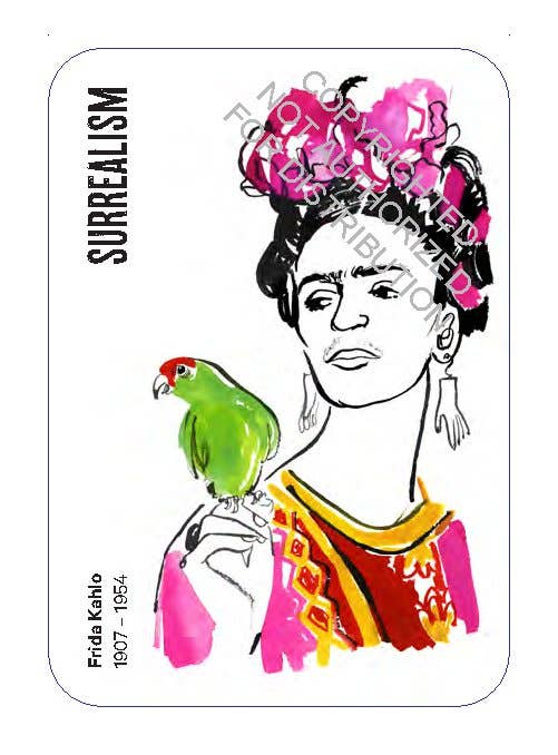Frida Kahlo illustration with a parrot and 'Surrealism' text on a white background