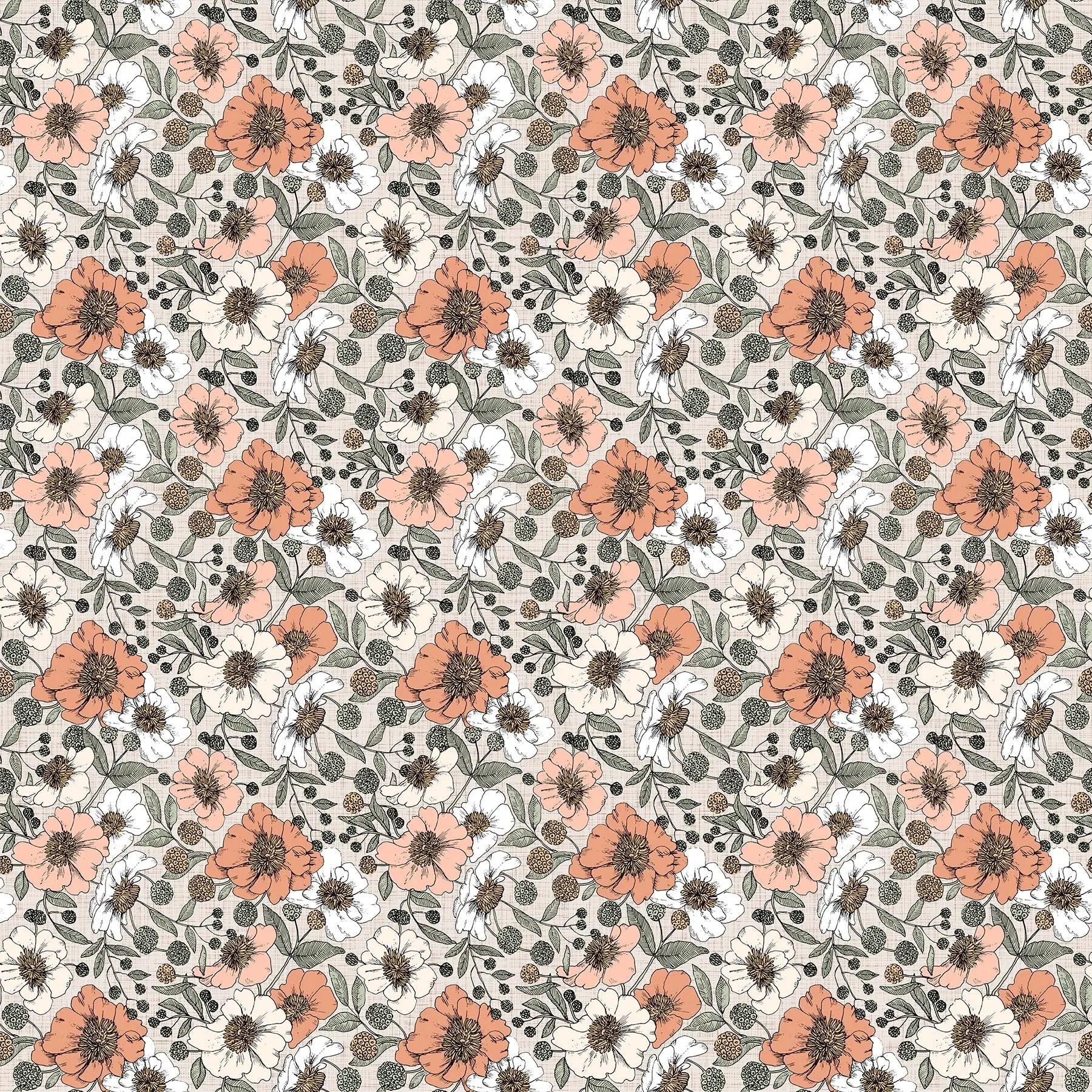 A patterned fabric featuring a floral design with peony flowers in cream, pink, and green colors on a light background. 100% rayon for garment making