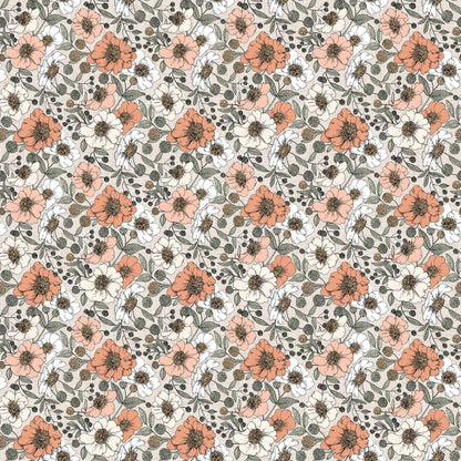 A patterned fabric featuring a floral design with peony flowers in cream, pink, and green colors on a light background. 100% rayon for garment making