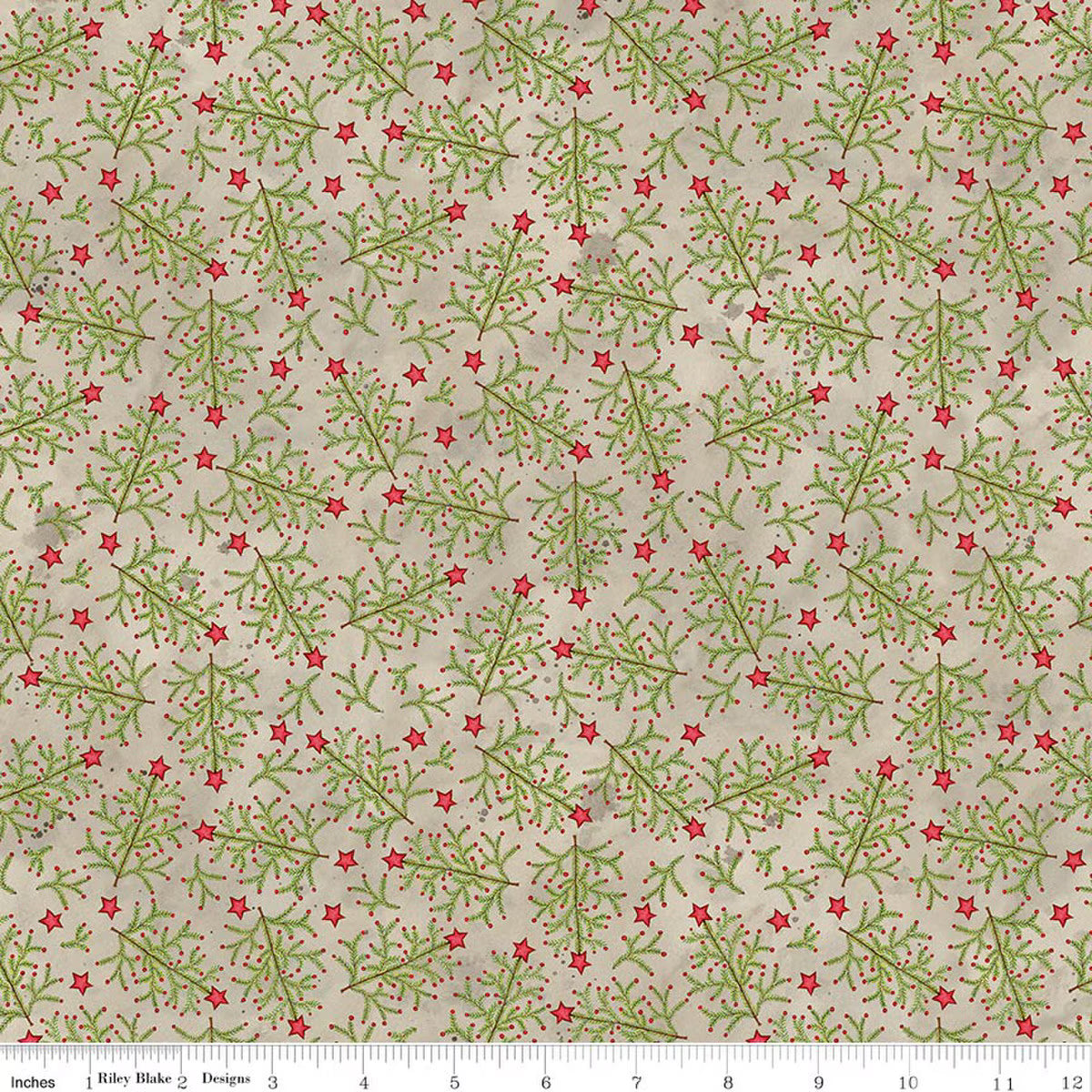 Fabric with green and red pattern on a beige background