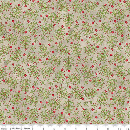Fabric with green and red pattern on a beige background