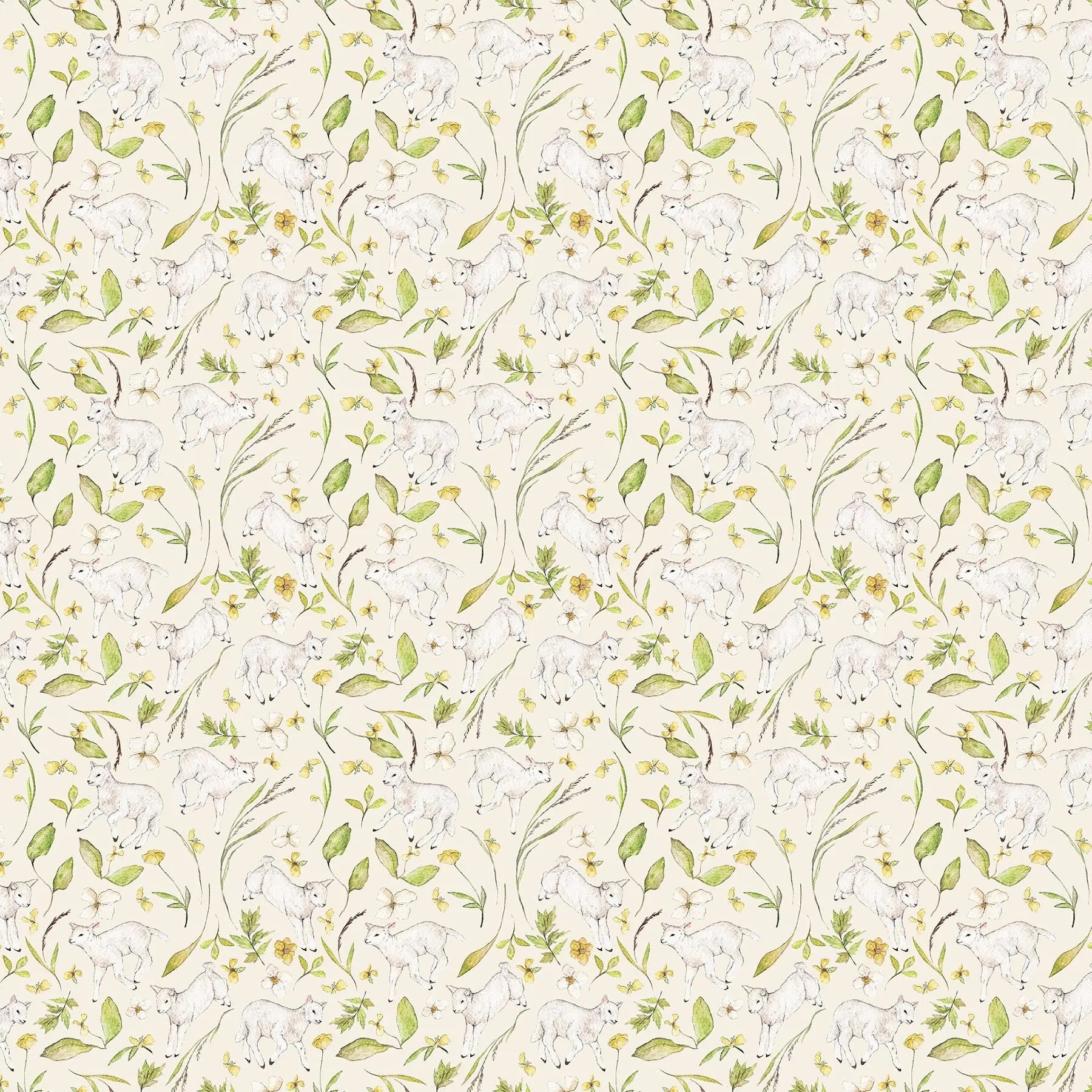 white colored fabric with baby lamb illustrations.  typically used for quilting and crafting. from Country Side Comforts from FIGO Fabrics 