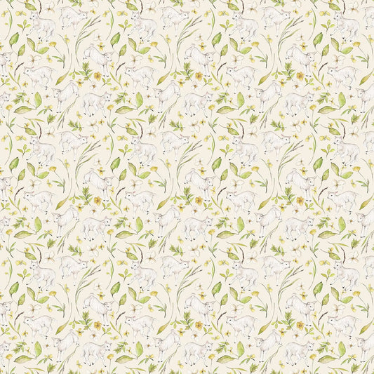 white colored fabric with baby lamb illustrations.  typically used for quilting and crafting. from Country Side Comforts from FIGO Fabrics 